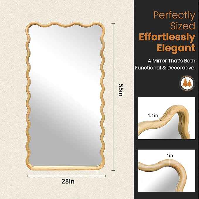 Wavy Mirror for Wall, 55"x28" Boho Wavy Wood Mirror Large Full Length Decorative Mirror with Tempered Glass, Natural Wooden Frame Vanity Mirror for Bedroom, Living Room, Entryway