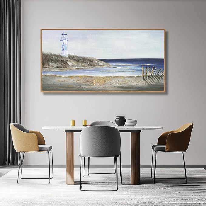 Yuaxker Coastal Wall Art Framed Wall Decor Blue and White Lighthouse Canvas Painting Modern Wall Hanging Artwork for Living Room Bedroom Dining Room Office Home Decor 20x40 Inch