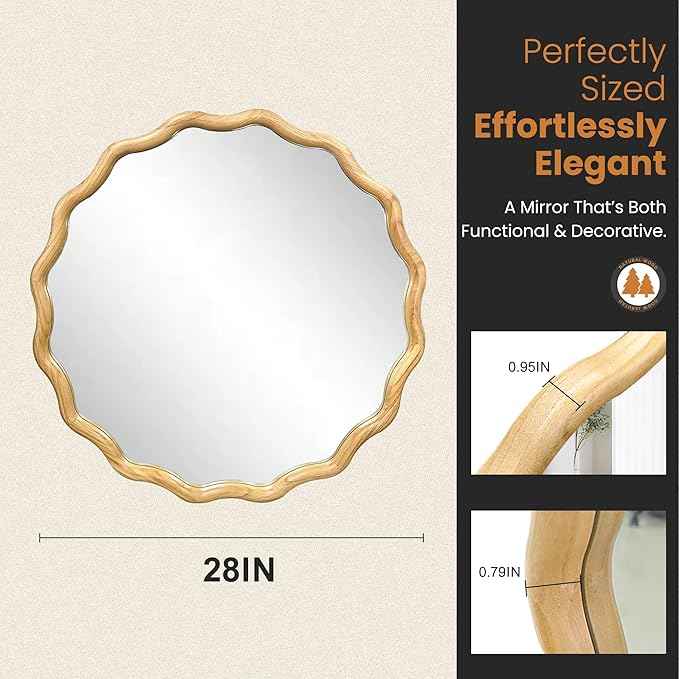 Round Wood Mirrors for Wall, 28" Boho Circle Wavy Mirror with Wooden Frame, Decorative Mirror with Tempered Glass, Natural Wooden Frame Vanity Mirror for Bedroom, Living Room, Entryway