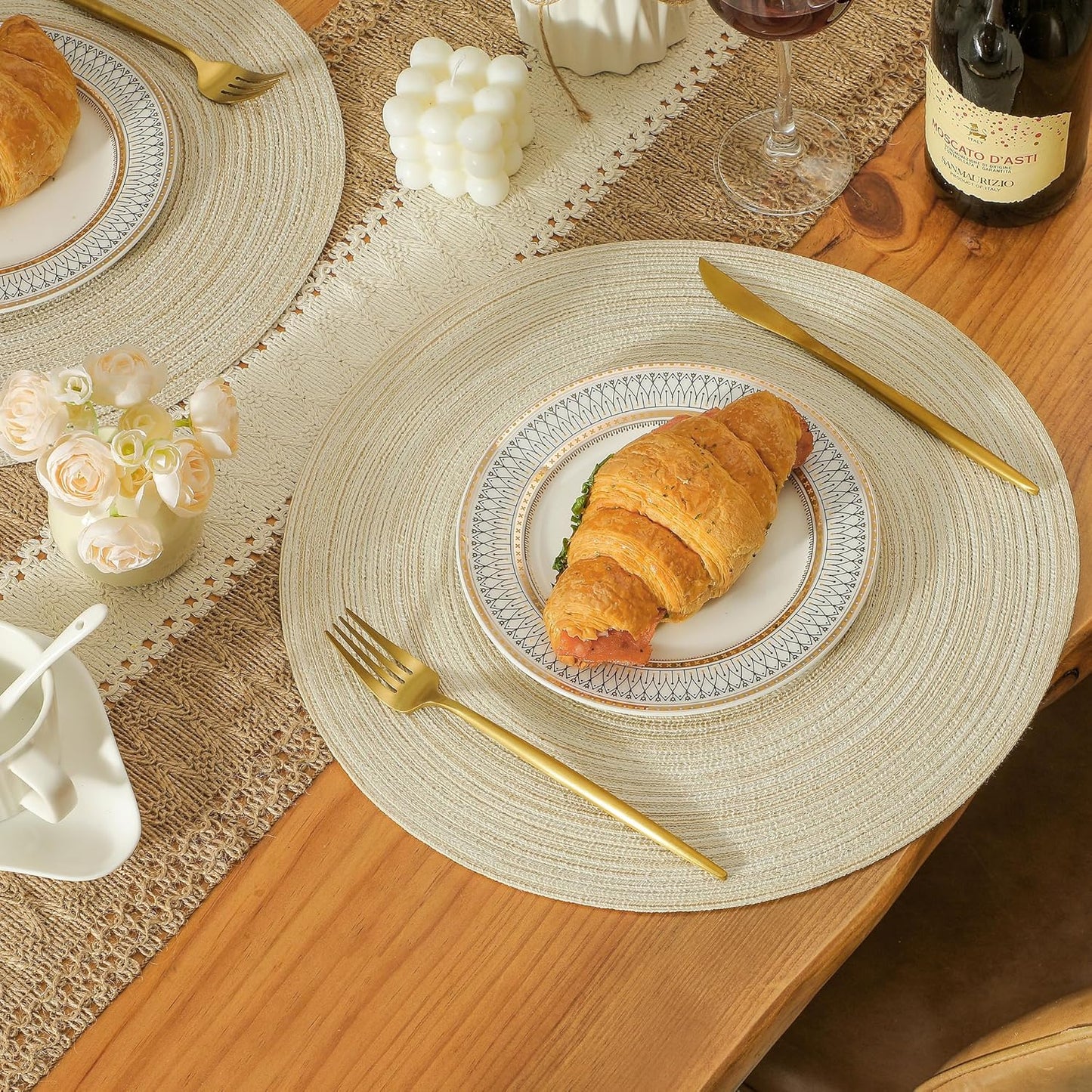 Leetaltree Round Placemats Heat and Slip Resistant Cotton Table Mats, Washable Bohemian Placemats for Dining Tables (White Beige, Set of 12)