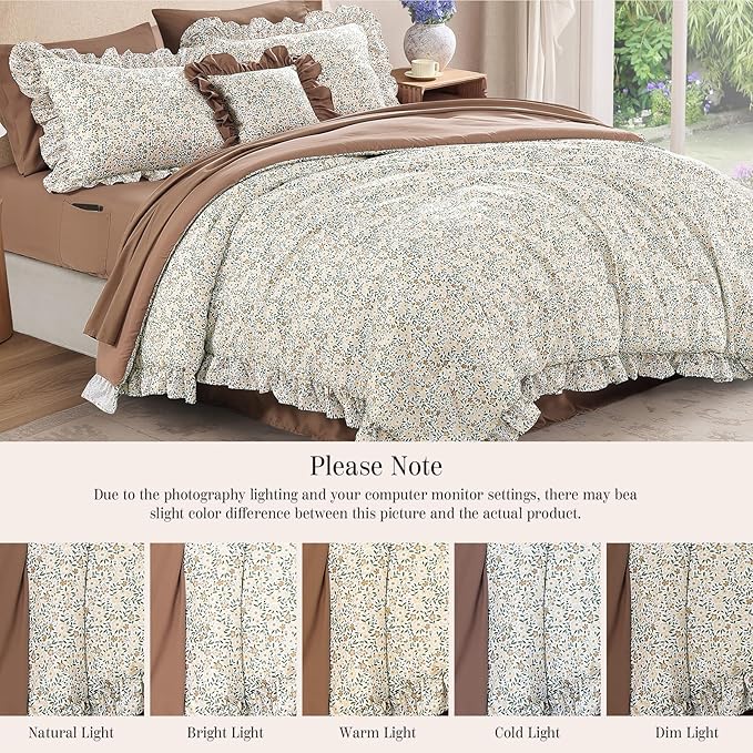 Full Comforter Set - 7 Pieces Ruffle Beige Ditzy Bedding Sets, Shabby Chic Farmhouse Bed in a Bag Full with Floral Comforter, Sheets, Pillowcases & Shams
