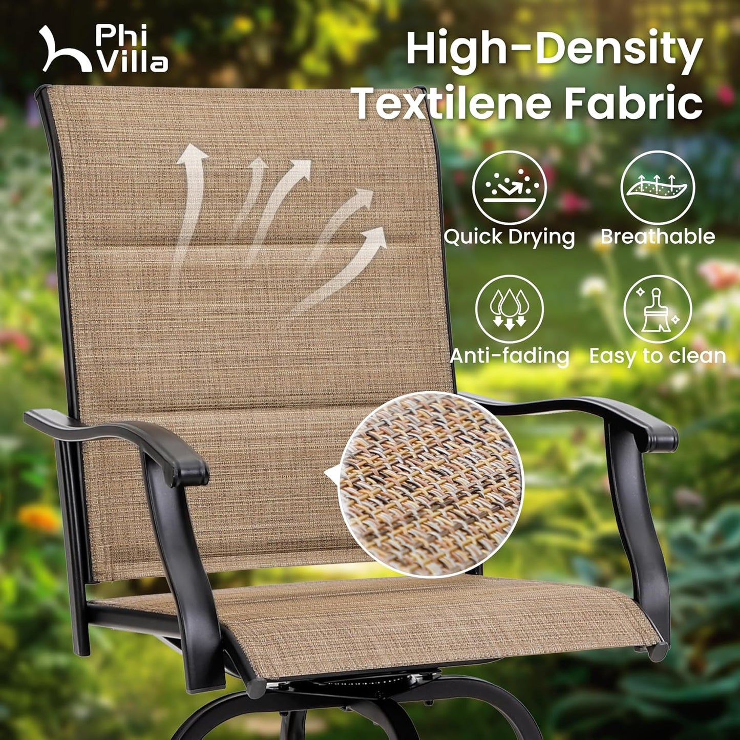 PHI VILLA Outdoor Bar Set with 4 Swivel Bar Height Patio Chairs, Wooden-Like Patio Bar Table and Chairs Furniture Set with Brown Padded Textilene Fabric for Outside, Garden and Deck