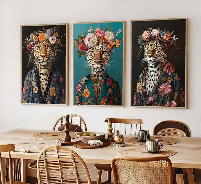 Bathroom Leopard In a Bathrobe Wall Art Maximalist Eclectic Cheetah Posters Pictures Animals And Flowers Canvas Prints Funky Animals Painting Wall Decor y2k Aesthetic Room Decoration Unframed