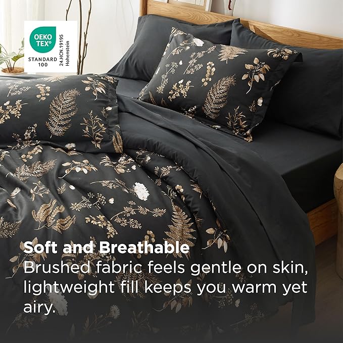 Bedsure Black Queen Comforter Set - 7 Pieces Floral Bedding Sets Queen Bed in a Bag with Reversible Botanical Flowers Comforter, Sheets, Pillowcases & Shams