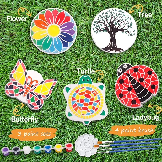 Paint Your Own Stepping Stones for Kids Craft Kits,Arts and Crafts for Kids Ages 4-8,5 Pack Painting Crafts for Girls Ages 8-12，Outdoor Toys Art Supplies Toddler Birthday Easter Gift (Multicolored)