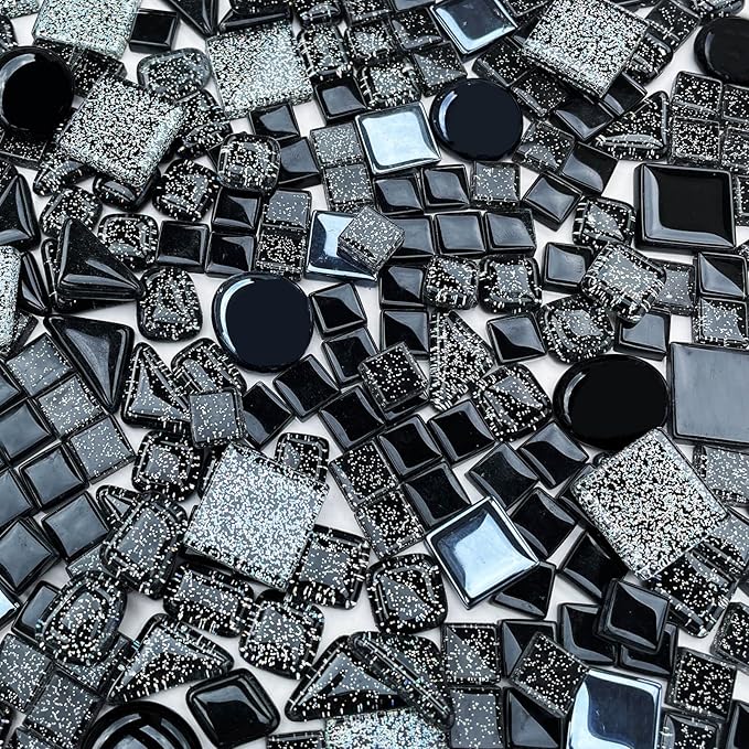 LITMIND 1.1 LB Black Irregular Glass Mosaic Tiles with Backing, Assorted Mosaic Shapes for Creative Crafts – Ideal for Adult Mosaic Kits, Puzzles, and Artwork Projects