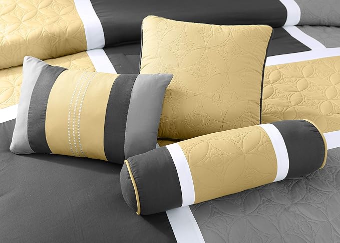 Chezmoi Collection Upland 7-Piece Quilted Patchwork Comforter Set, Yellow/Charcoal/Gray, California King