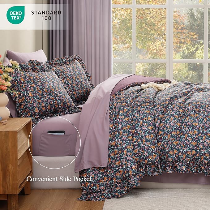 Queen Comforter Set - 7 Pieces Ruffle Purple Ditzy Bedding Sets, Shabby Chic Farmhouse Bed in a Bag with Ruffle Comforter, Sheets, Pillowcases & Shams