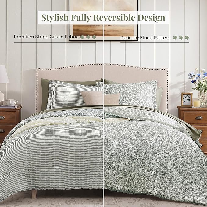 King Comforter Set - 7 Pieces Green Gauze Muslin Bedding Sets for All Seasons, Lightweight Breathable Bed in a Bag King with Revesible Farmhouse Comforter, Sheets, Pillowcases & Shams