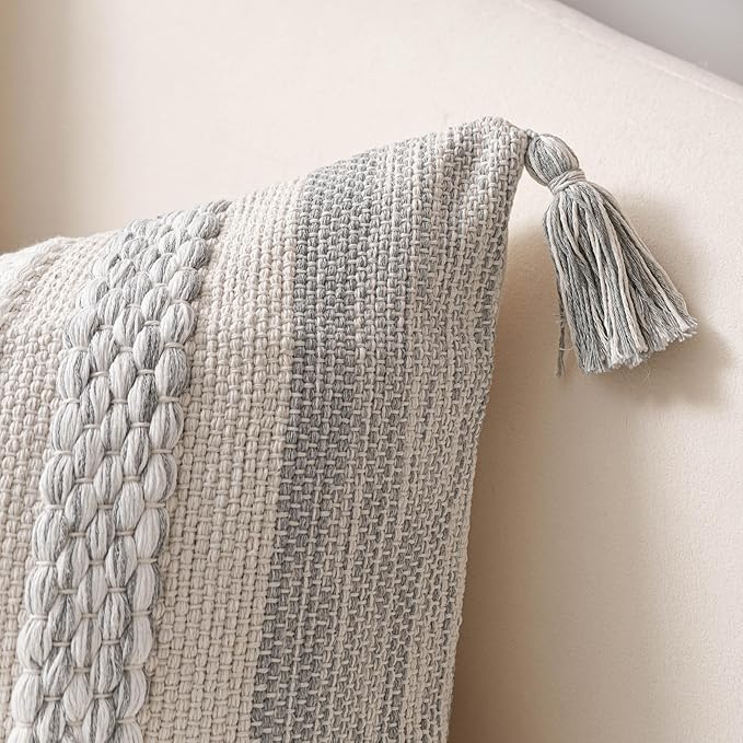 BlissBlush Gray Boho Decorative Throw Pillow Cover 22x22 Square Farmhouse Accent Cushion for Couch Sofa Livingroom Bedroom Pillowcase Modern Home Décor (Pack of 1)
