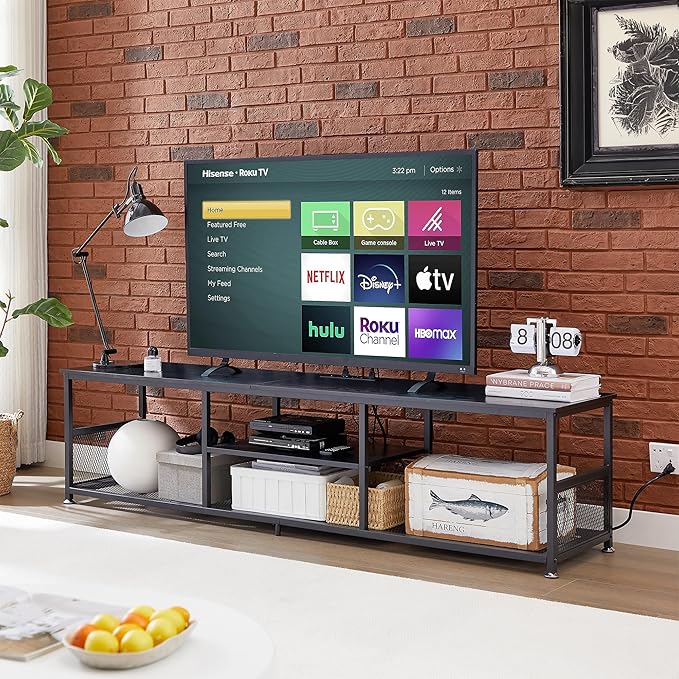 VECELO TV Stand with Power Outlets for Televisions up to 80Inch, 70" Media Entertainment Center with Charging Station 3-Tier Open Storage Shelves with Metal Frame for Living Room/Bedroom，Black