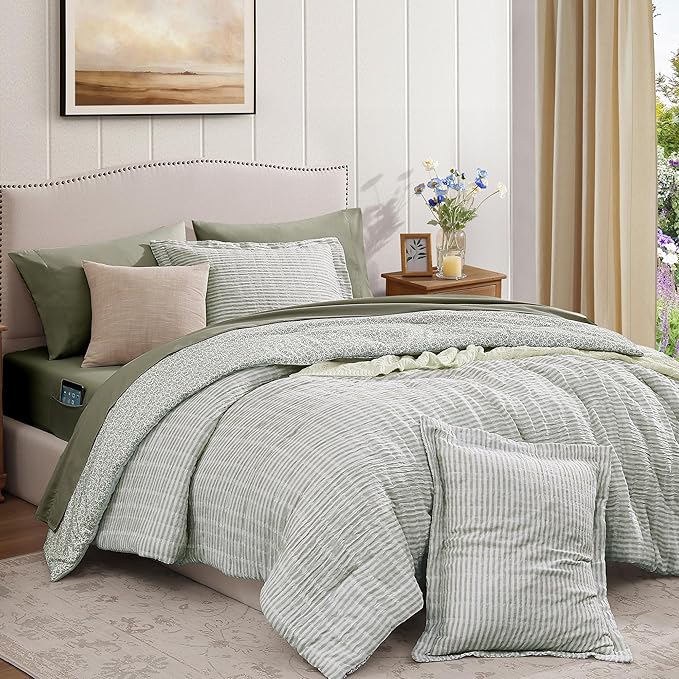 Full Comforter Set - 7 Pieces Green Gauze Muslin Bedding Sets for All Seasons, Lightweight Breathable Bed in a Bag Full with Revesible Farmhouse Comforter, Sheets, Pillowcases & Shams