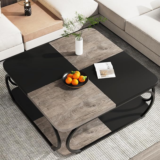 Tribesigns Coffee Table with Open Storage Shelf for Living Room, 39 Inch Large Wood Center Table Square Low Coffee Tables 2 Tier Farmhouse Tea Table with Metal Frame for Home Office, Black Rustic Grey