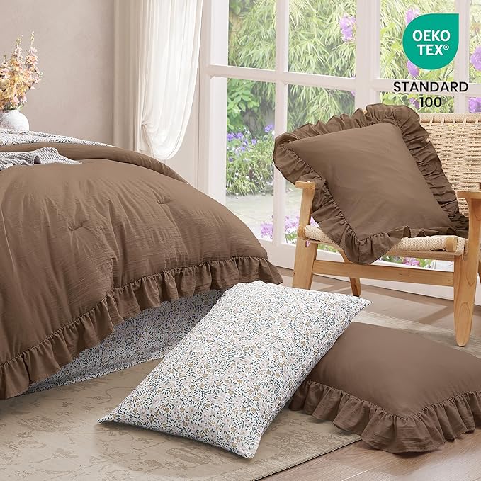 Oversized Queen Comforter Set - 7 Pieces Ruffle Amber Brown Bedding Sets, Shabby Chic Farmhouse Bed in a Bag with Ruffle Comforter, Floral Sheets, Pillowcases & Shams
