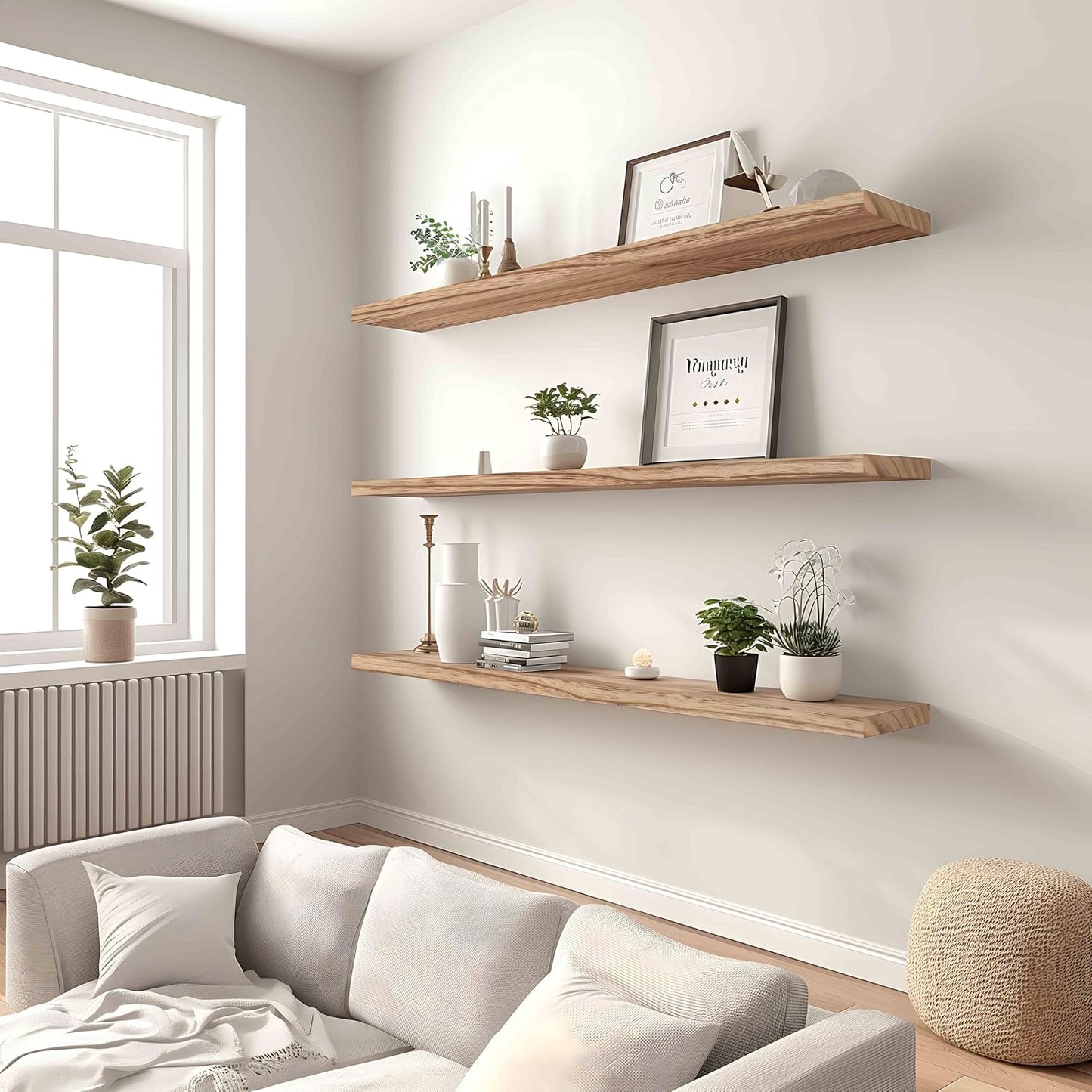 Wood Floating Shelves for Wall Decor, Rustic Wall Shelves for Bedroom Bathroom Kitchen Living Room, Set of 4 Light Walnut 48 Inch - Décor Diaries