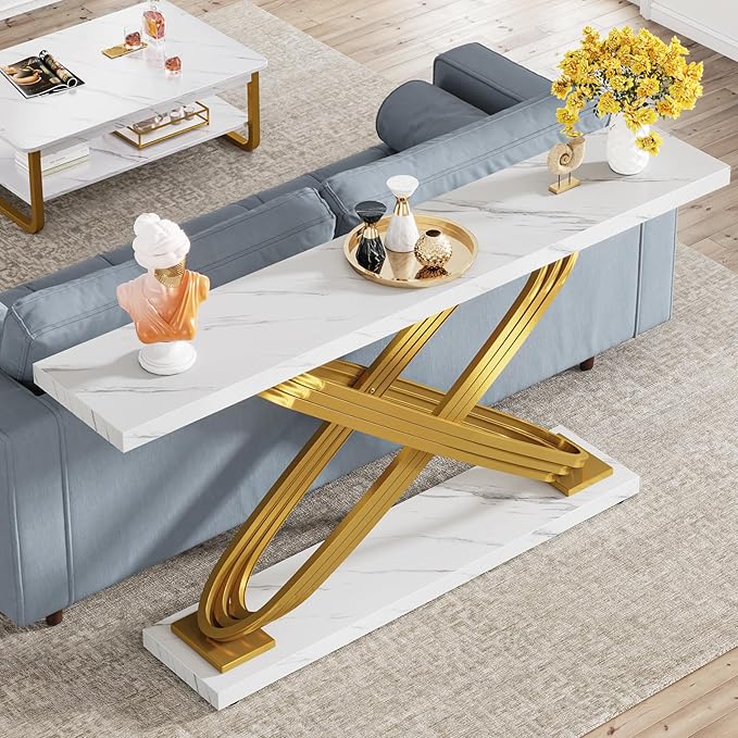 LITTLE TREE Console Table, 55" Long Modern Entryway Table for Living Room, Hallway, Faux Marble White & Gold