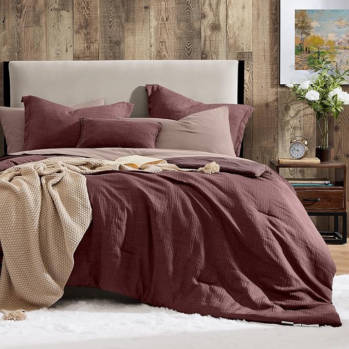 Geniospin King Size Comforter Set- 7 Piece Burgundy Textured King Bedding Set, Soft Solid Bed in a Bag for All Season, King Comforter Set with Sheets(Burgundy,102''x90'')