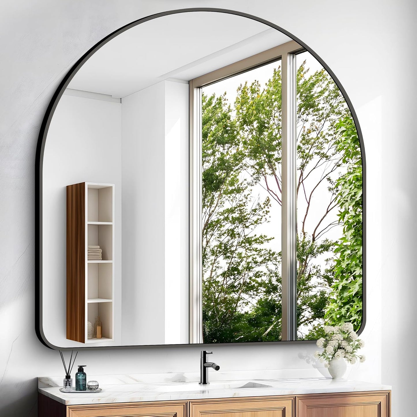 Arched Bathroom Mirror, 45"x45" Black Arched Mirror for Bathroom, Wall Mounted Mirror, Black Vanity Wall Mirror Metal Frame for Bedroom, Entryway, Living Room, Hanging or Leaning Against Wall