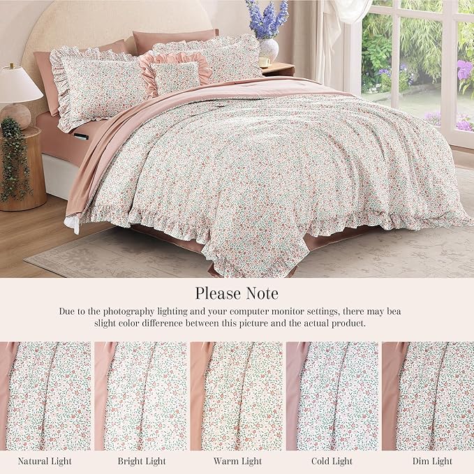 Full Comforter Set - 7 Pieces Ruffle Pink Ditzy Bedding Sets, Shabby Chic Farmhouse Bed in a Bag Full with Floral Comforter, Sheets, Pillowcases & Shams