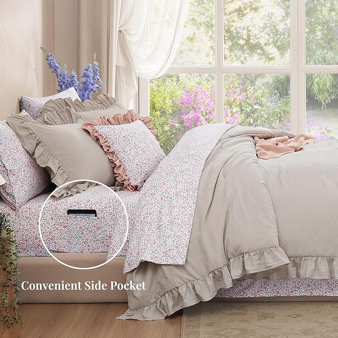 Twin XL Comforter Set - 5 Pieces Ruffle Birch Bedding Sets, Shabby Chic Farmhouse Bed in a Bag Twin XL with Ruffle Comforter, Floral Sheets, Pillowcases & Shams