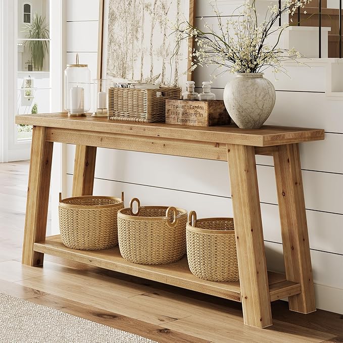 LITTLE TREE 70.9" Solid Wood Console Table for Entryway, 2-Tier Sofa Table Behind Couch, Farmhouse Entryway Table for Living Room, Bedroom, Foyer