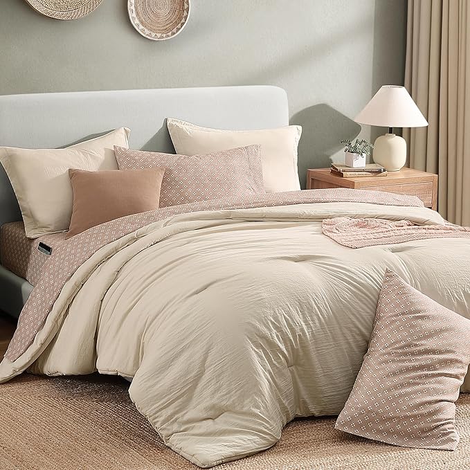 Monbix Full Size Comforter Set - 7 Pieces Oatmeal Prewashed Bed in a Bag Full Bedding Sets with Comforters, All Seasons Ultra Soft Comforter Bed Set with Sheets,Pillowcases & Shams