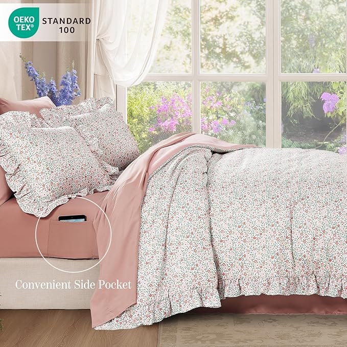 King Comforter Set - 7 Pieces Ruffle Pink Ditzy Bedding Sets, Shabby Chic Farmhouse Bed in a Bag King with Floral Comforter, Sheets, Pillowcases & Shams