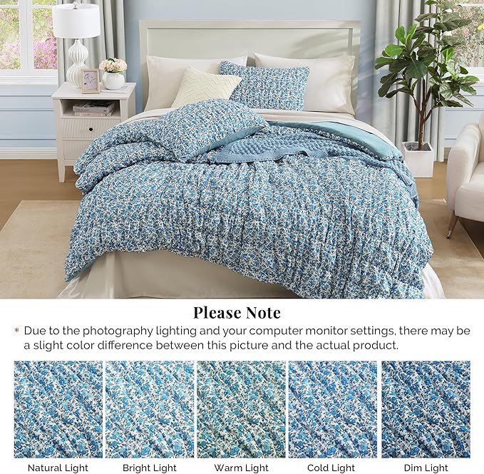 Queen Comforter Set - 7 Pieces Blue Classic Puff Floral Bedding Sets for All Seasons, Shabby Chic Farmhouse Bed in a Bag Queen with Wildflowers Fluffy Comforter, Sheets, Pillowcases & Shams