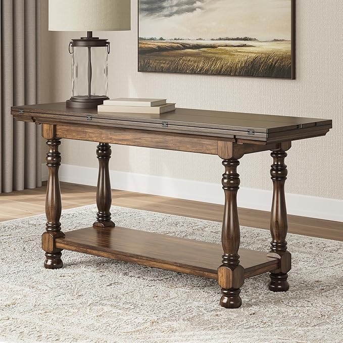 Signature Design by Ashley Sturlayne Transitional Expandable Flip Top Sofa Table with Lower Shelf and Turned Leg, Dark Brown