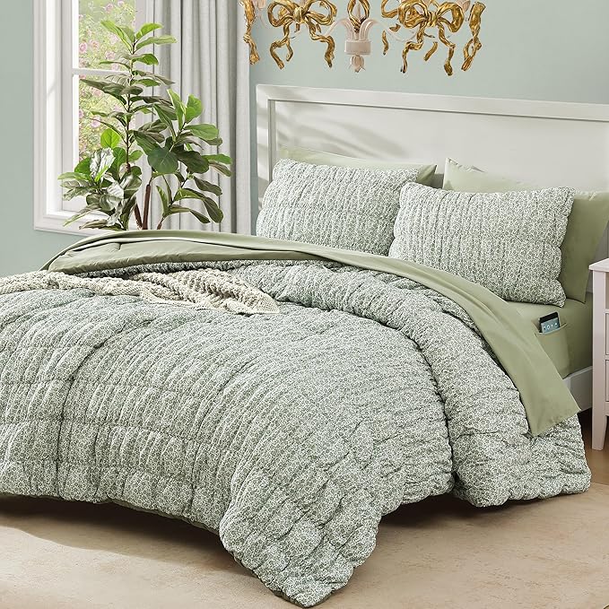 King Comforter Set-7 Pieces Sage Green Classic Puff Floral Bedding Sets for All Seasons,Shabby Chic Farmhouse Bed in a Bag King with Wildflowers Fluffy Comforter,Sheets, Pillowcases & Shams