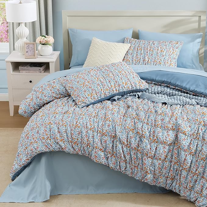 Twin XL Comforter Set - 5 Pieces Puff Blue Marigold Floral Bedding Set for All Seasons, Shabby Chic Farmhouse Bed in a Bag Twin XL with Floral Comforter, Sheets, Pillowcases & Shams