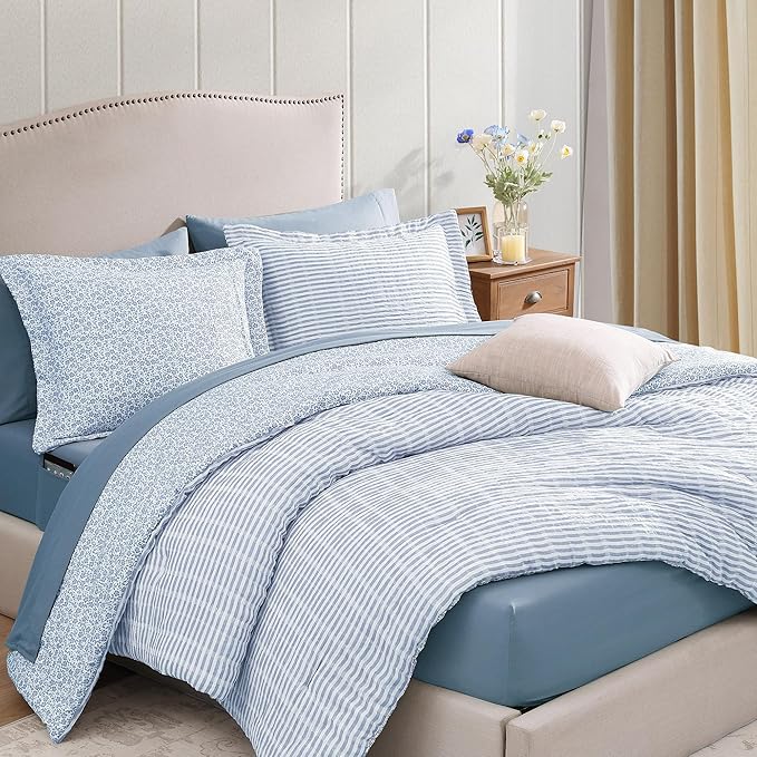 Queen Comforter Set - 7 Pieces Blue Gauze Muslin Bedding Sets for All Seasons, Lightweight Breathable Bed in a Bag Queen with Revesible Farmhouse Comforter, Sheets, Pillowcases & Shams