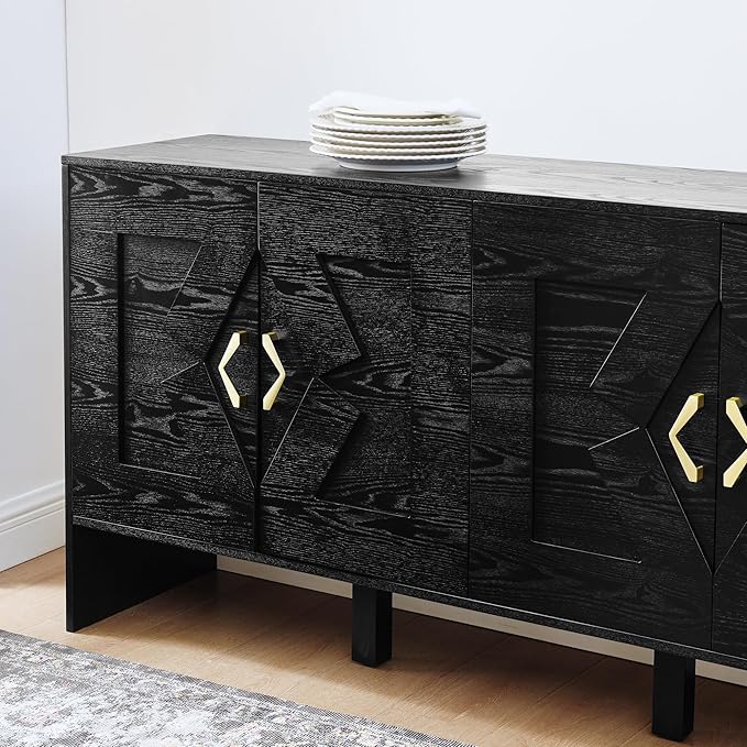 Ball & Cast 60" Mid Century Modern Sideboard Buffet Cabinet with Storage, Credenza & Media Console w/Geometric Pattern Doors & Adjustable Shelves for Living Room,Kitchen Coffee Bar,Entryway,Black