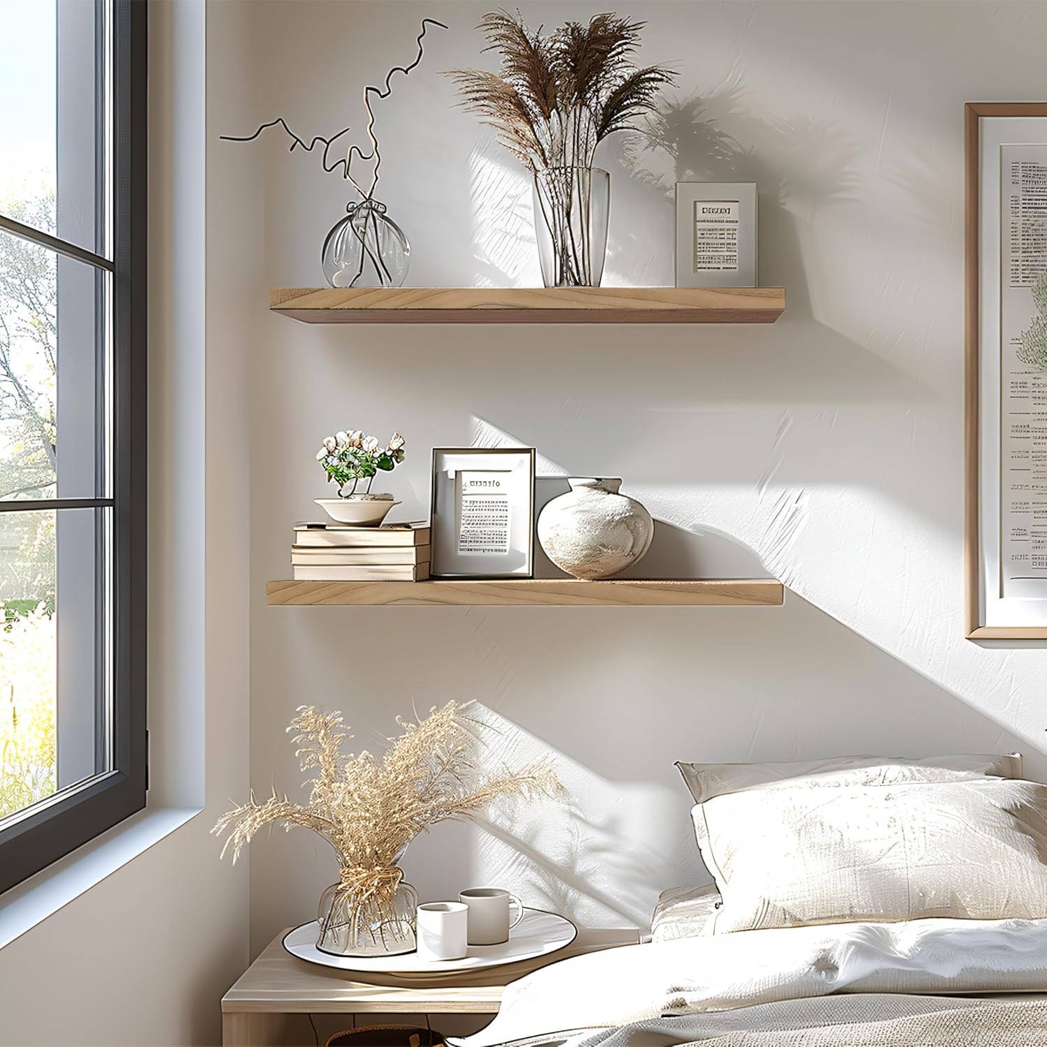 24 Inch Floating Shelves for Wall Rustic Light Wood Wall Shelves for Bedroom Set of 4 - Décor Diaries