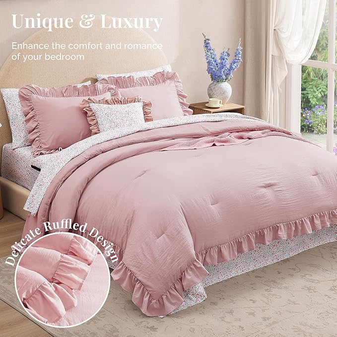Queen Comforter Set - 7 Pieces Ruffle Soft Pink Bedding Sets, Shabby Chic Farmhouse Bed in a Bag Queen with Ruffle Comforter, Floral Sheets, Pillowcases & Shams