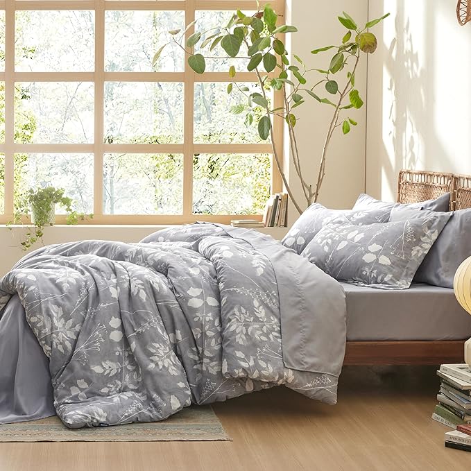 Bedsure Full Size Comforter Set - 7 Pieces Floral Grey Soft Bedding Sets, Full Bed in a Bag with Botanical Flowers Comforter, Sheets, Pillowcases & Shams