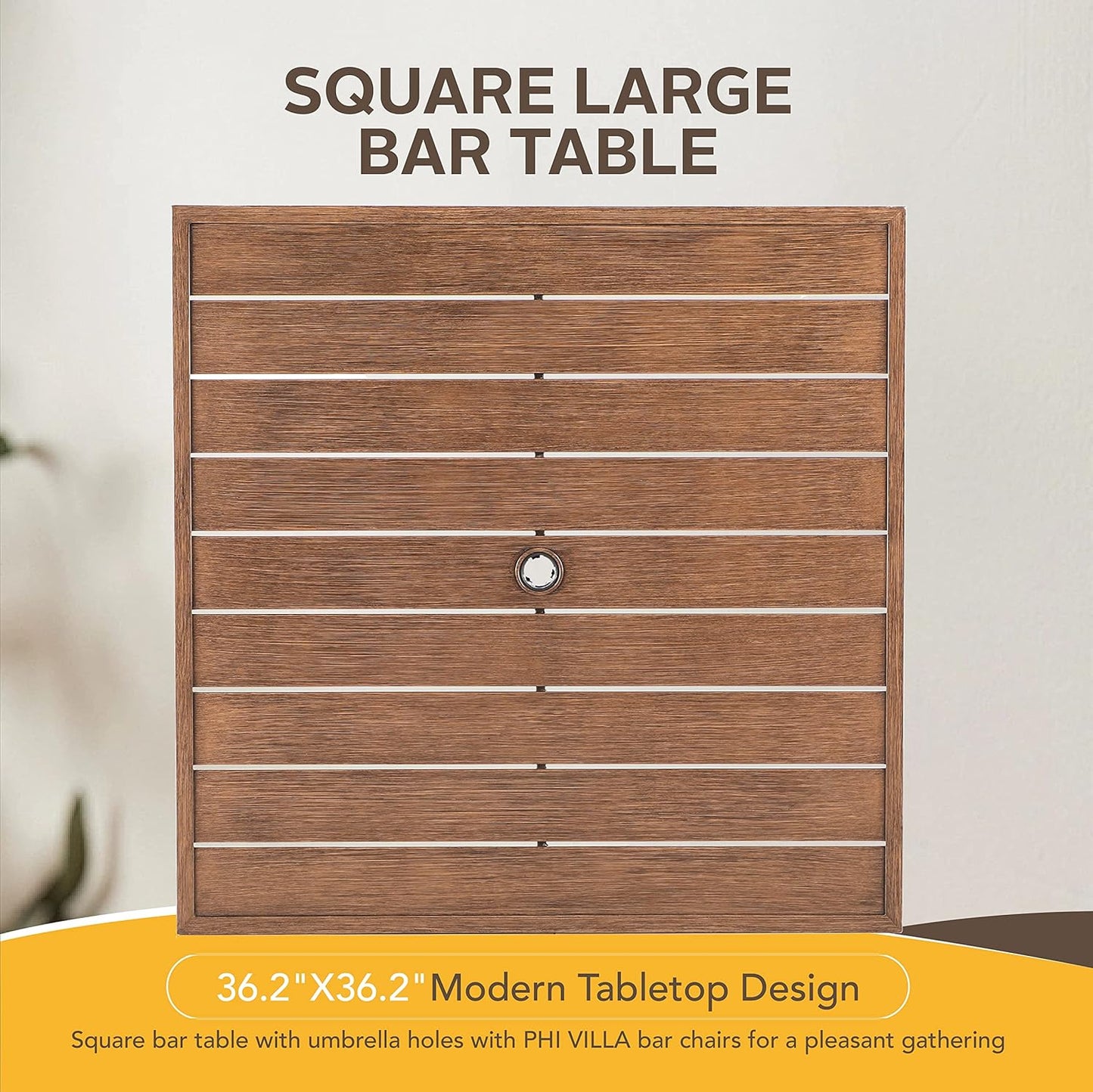 PHI VILLA 36"X36" Outdoor Metal Counter Height Table with 1.57" Umbrella Hole, Square Table with Teakwood-Brown Table Top and Black Table Legs for Outdoor and Indoor