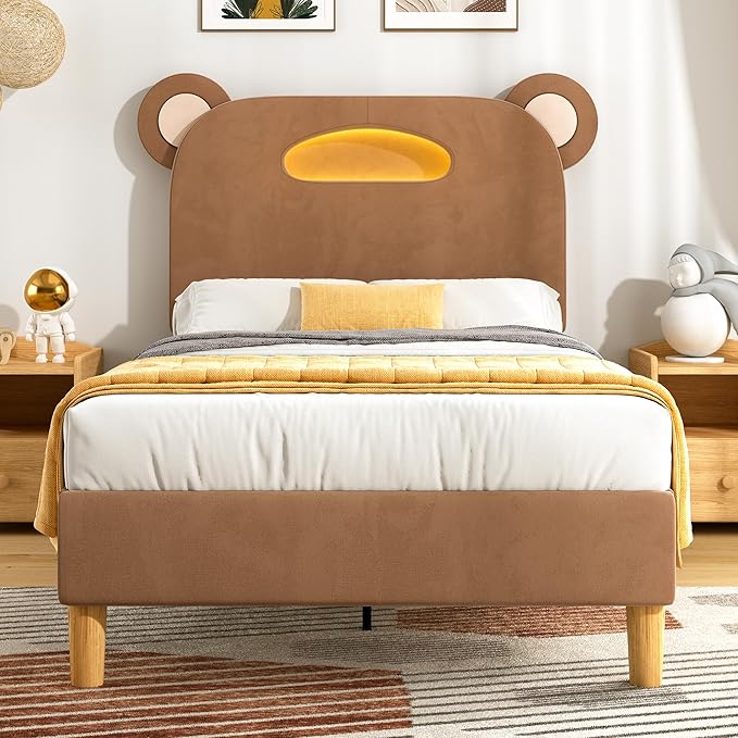 VECELO Twin Size Bed Frame, Bear-Shaped Adjustable Headboard with LED Lights & Storage, Upholstered Platform with Strong Wooden Slats Support, No Box Spring Needed, Brown