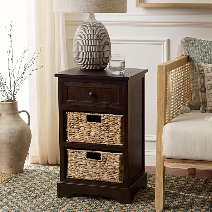 SAFAVIEH Home Collection – Carrie Dark Chocolate 3-Drawer Storage Side Table, Mixed-Material Cottage Design, Fully Assembled (AMH5700H)