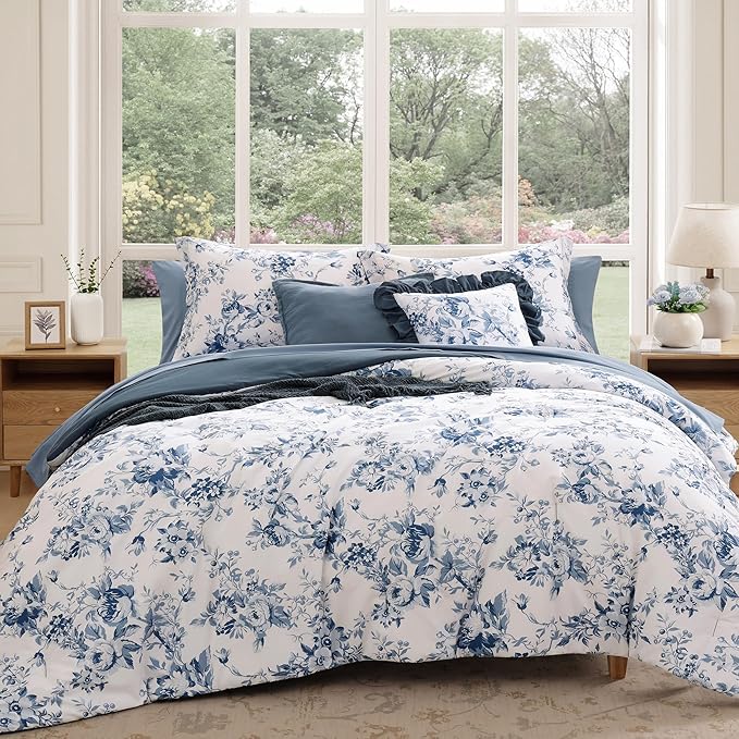 California King Comforter Set -7 Pieces Floral Rain Washed Bedding Set for All Seasons, Bed in a Bag with Botanical Flowers Comforter, Sheets, Pillowcases & Shams