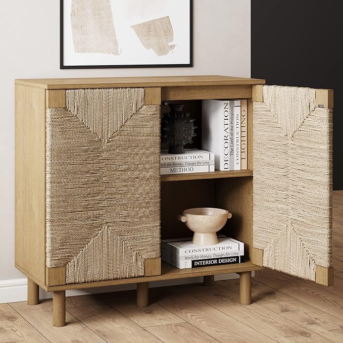 Nathan James Beacon Accent Natural Sideboard Storage Cabinet TV Stand in Light Wood with Adjustable Interior Shelf and Seagrass Doors, for Hallway, Entryway or Dining Room, Light Brown, Set of 3
