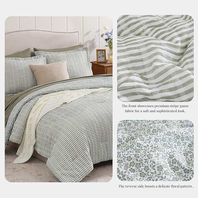 King Comforter Set - 7 Pieces Green Gauze Muslin Bedding Sets for All Seasons, Lightweight Breathable Bed in a Bag King with Revesible Farmhouse Comforter, Sheets, Pillowcases & Shams