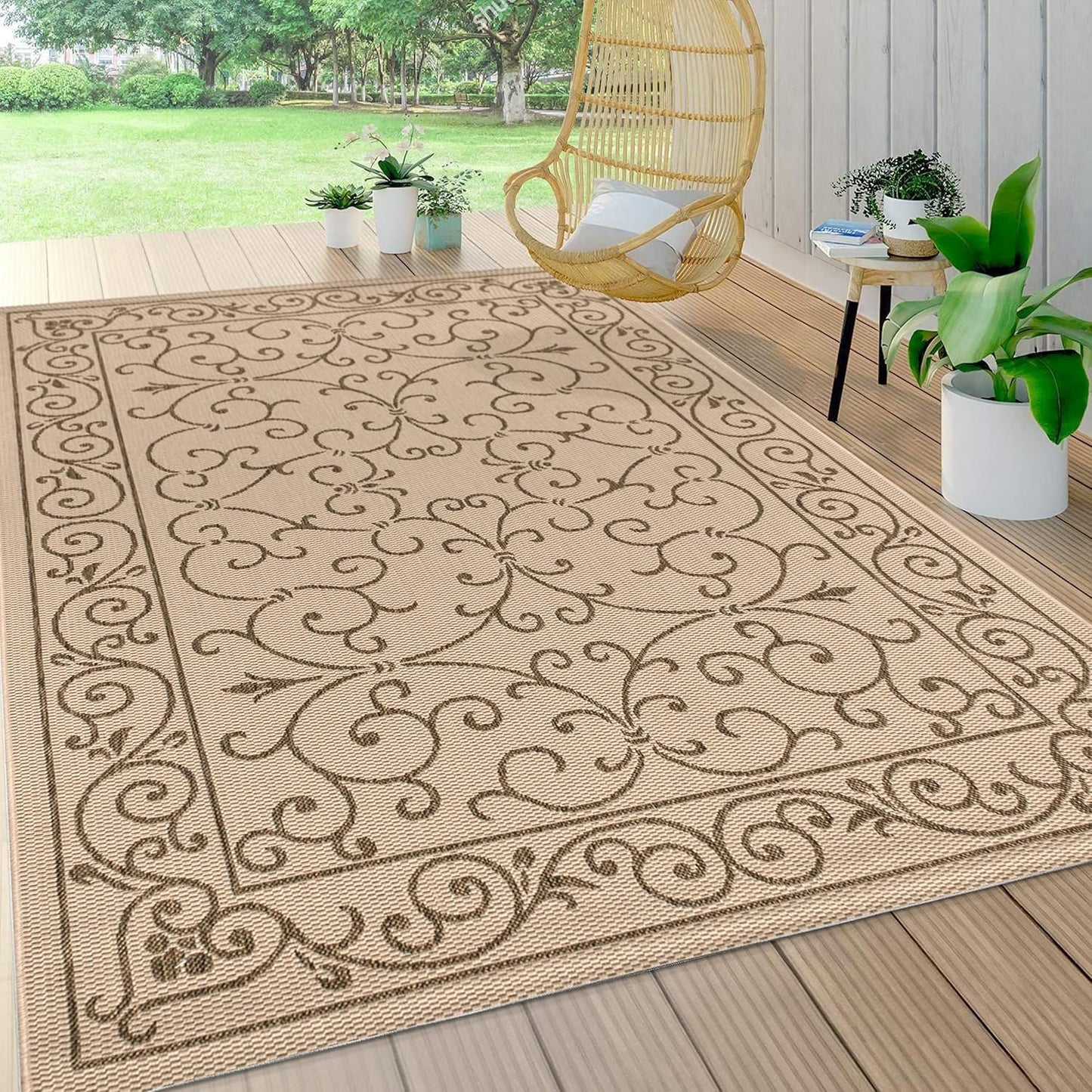 JONATHAN Y Vintage Filigree Indoor Outdoor Area Rug 6X9 Beige/Brown, Charleston Textured Weave for Backyard, Patio, Porch, Easy-Cleaning, High Traffic, Pet-Friendly, Non-Shedding (SMB106A-6)