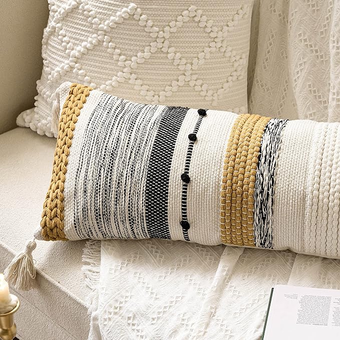 BlissBlush Decorative Lumbar Throw Pillow Cover 14x36 Boho Long Cushion for Bed Yellow Mustard Accent Farmhouse Pillowcase for Bedroom Living Room Couch Sofa Home Décor Cover ONLY