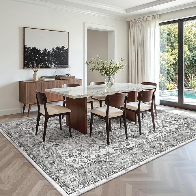 zesthome 5x7 Area Rugs - Ultra-Thin Washble Rug, Stain Resistant Anti Slip Backing Rugs for Living Room,Bedroom, Vintage Home Decor Area Rug (Grey/White,5'x7')