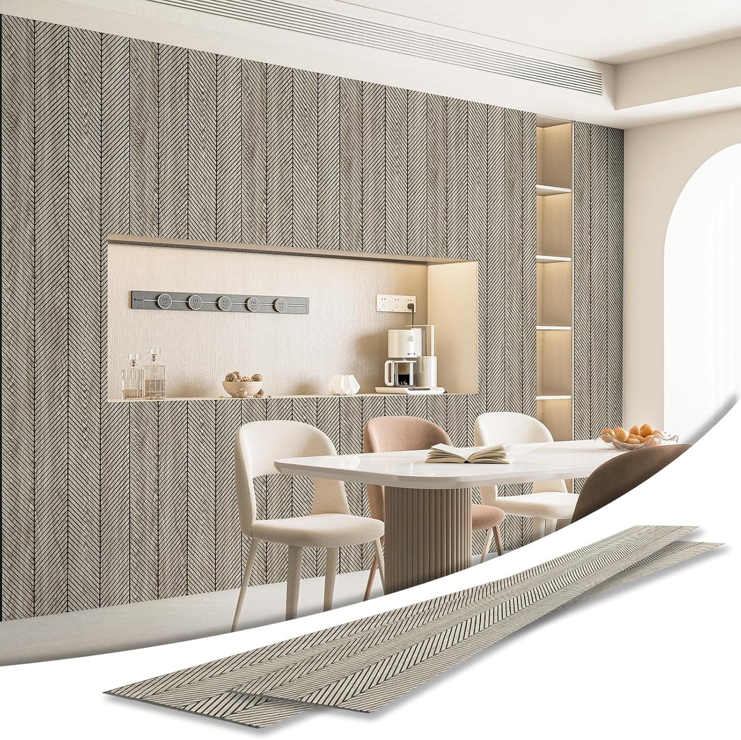 Art3d 4-Pack Glue-On Herringbone Wainscoting Panel for Interior Wall Decor - 104 x 12 Inch Polystyrene Ultralight Slim Slat Wall Panels for Living Room Bedroom, Ashtree