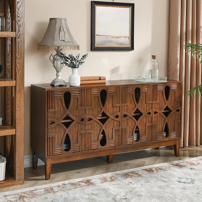 Ball & Cast 60" Mid Century Modern Sideboard Cabinet with Openwork Carving, Media Console & Buffet Cabinet with 4 Doors and Adjustable Shelves for Living Room,Kitchen Coffee Bar, Dining Room, Walnut