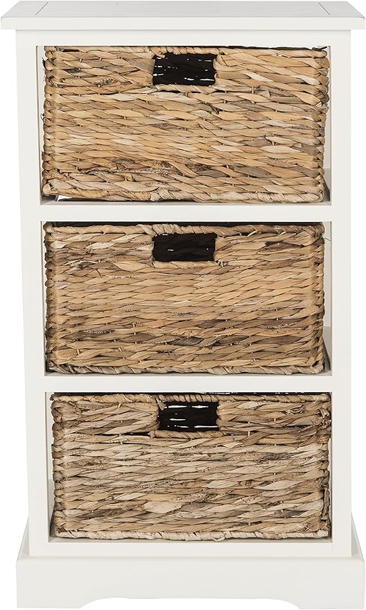 SAFAVIEH Home Collection – Halle Vintage White Storage Side Table with Wicker Baskets, Farmhouse Accent Storage, Fully Assembled (AMH5738B)