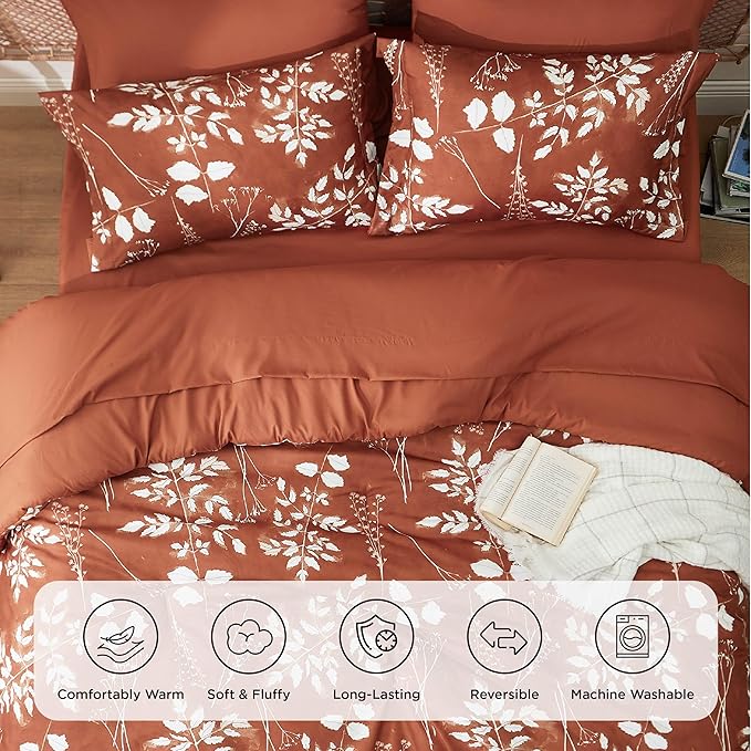 Bedsure Full Size Comforter Set - 7 Pieces Floral Terracotta Soft Bedding Sets, Full Bed in a Bag with Botanical Flowers Comforter, Sheets, Pillowcases & Shams