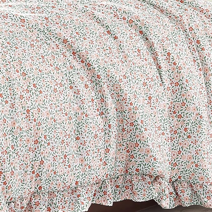 King Comforter Set - 7 Pieces Ruffle Pink Ditzy Bedding Sets, Shabby Chic Farmhouse Bed in a Bag King with Floral Comforter, Sheets, Pillowcases & Shams